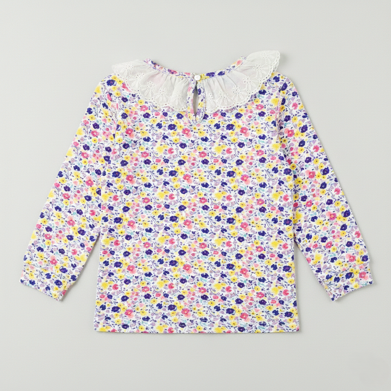 Girls Floral Printed Lace Neck Top