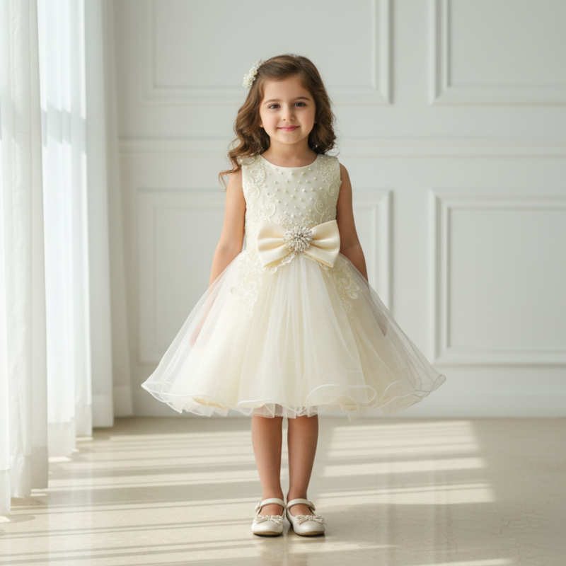 Champagne Elegant Knee Length Bow Princess Dress