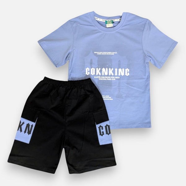 Blue Printed Polo T-shirt with Shorts Set