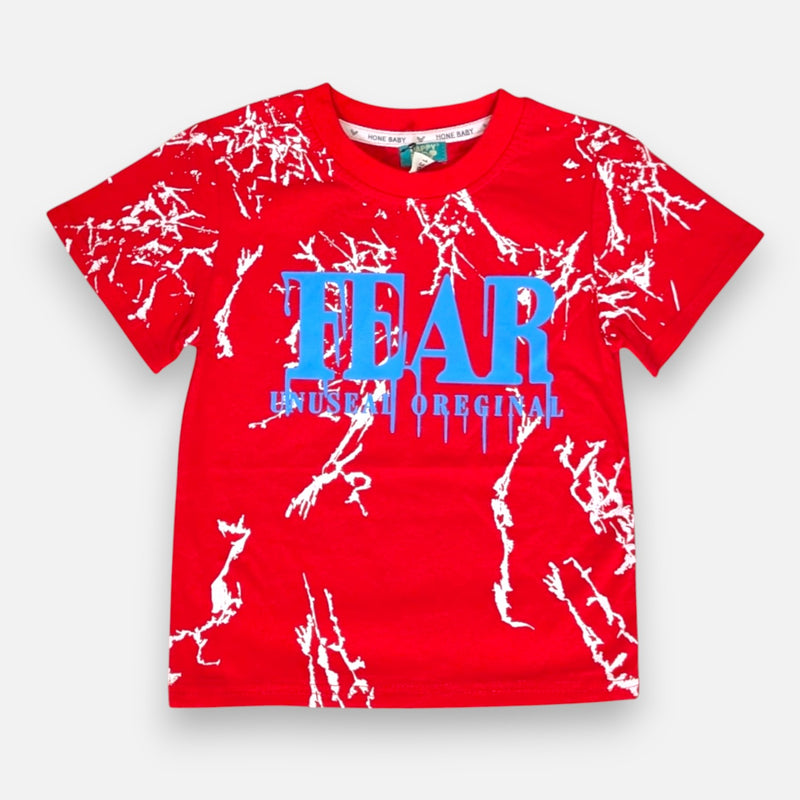 Boys Red Printed Polo T-shirt with Shorts Set