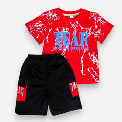 Boys Red Printed Polo T-shirt with Shorts Set