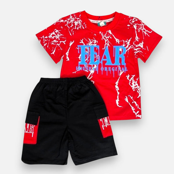 Boys Red Printed Polo T-shirt with Shorts Set