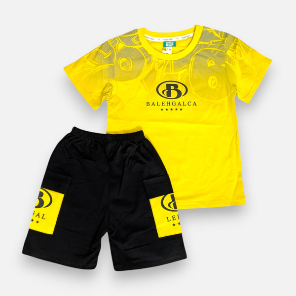Yellow Printed Polo T-shirt with Shorts Set