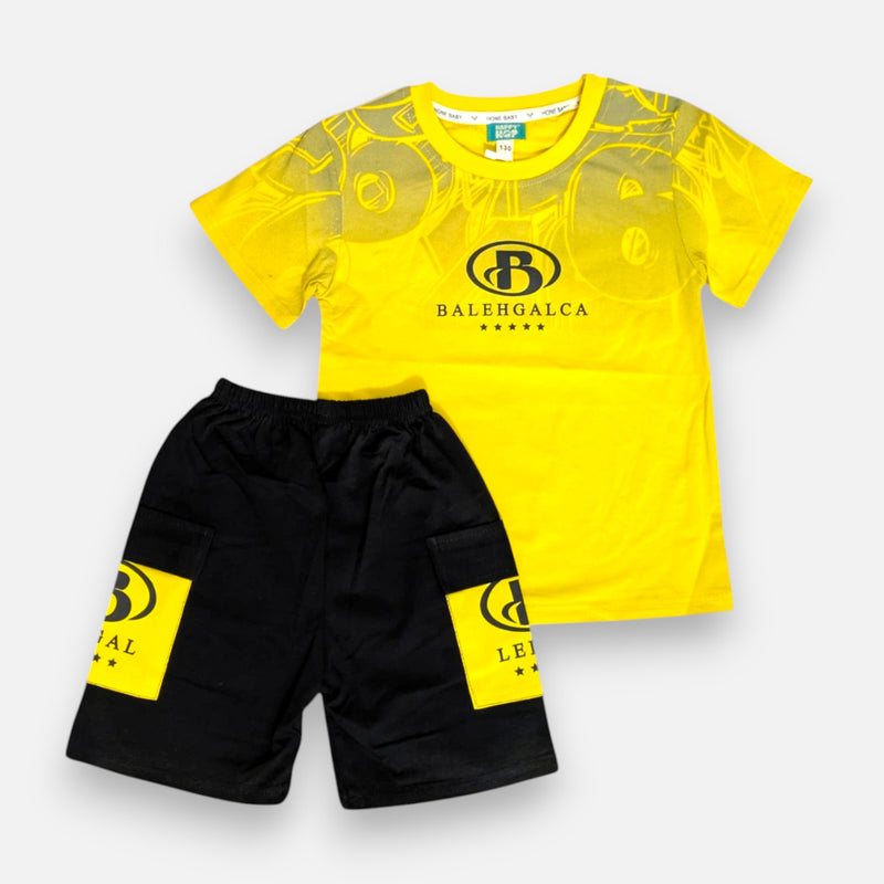 Yellow Printed Polo T-shirt with Shorts Set