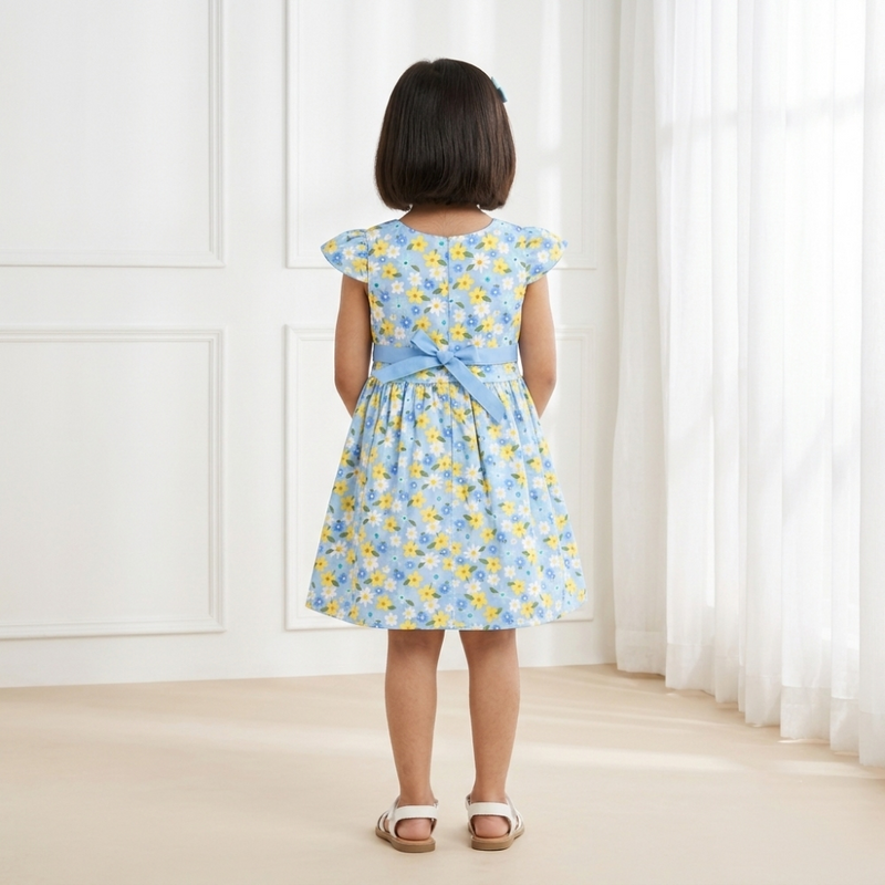 Sky Blue Floral Flutter-Sleeve Frock