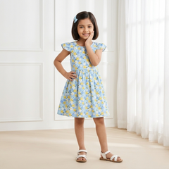 Sky Blue Floral Flutter-Sleeve Frock