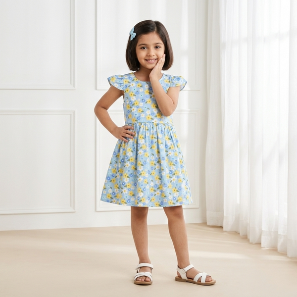 Sky Blue Floral Flutter-Sleeve Frock