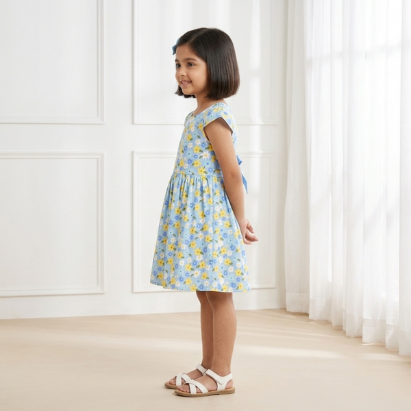 Sky Blue Floral Flutter-Sleeve Frock