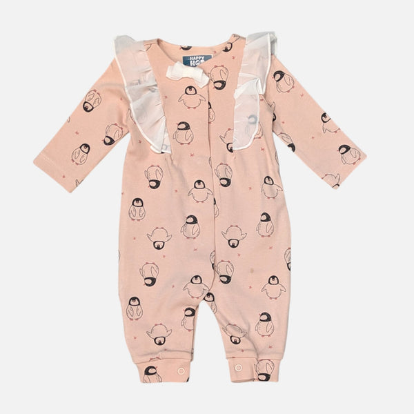 Peach Penguin Print Frill Rompers