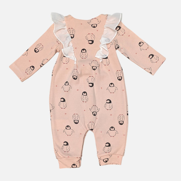 Peach Penguin Print Frill Rompers
