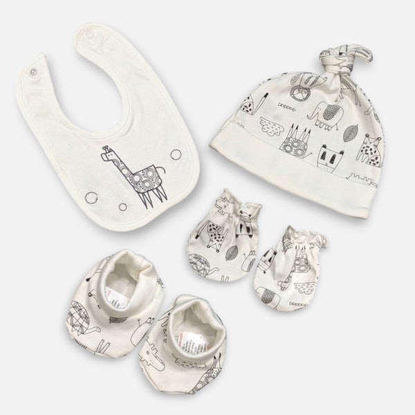 Safari Baby Bib, Cap, Mittens and Booties Set