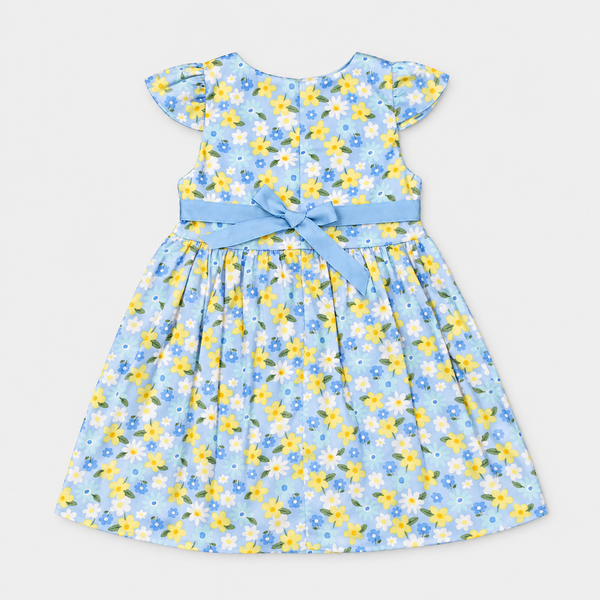 Sky Blue Floral Flutter-Sleeve Frock