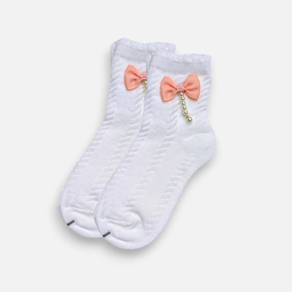 Pearl Peach Bow White Socks