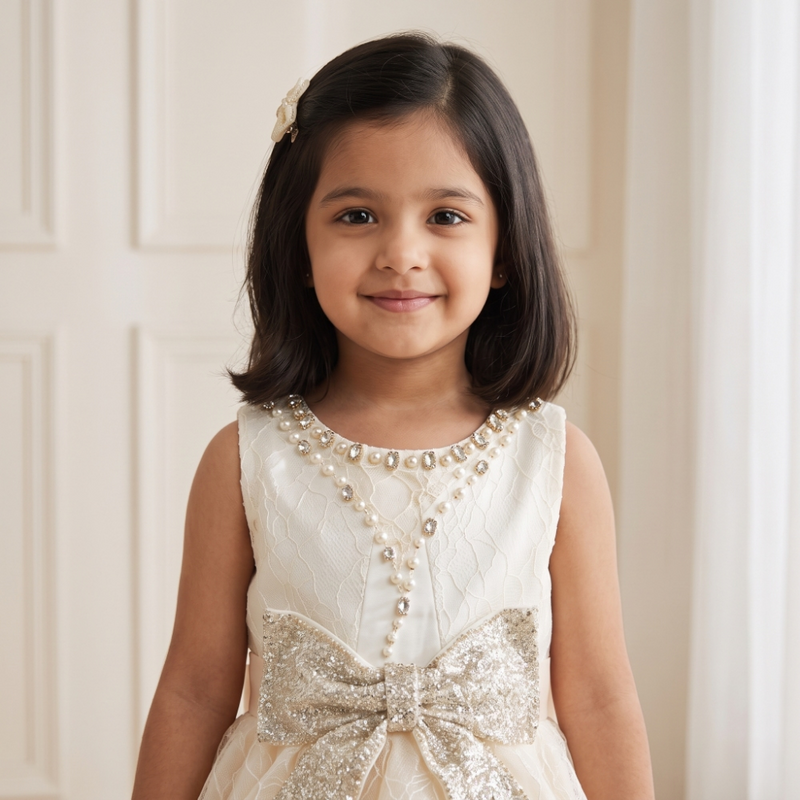 Champagne Knee Length Glitter Bow Princess Dress