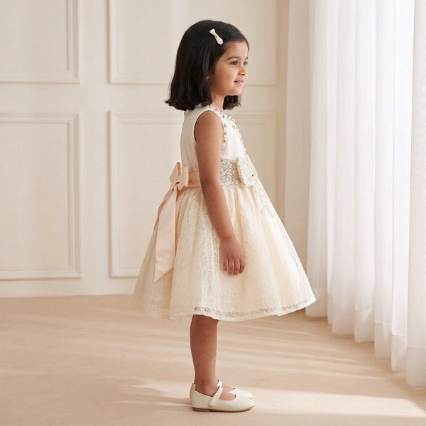Champagne Knee Length Glitter Bow Princess Dress