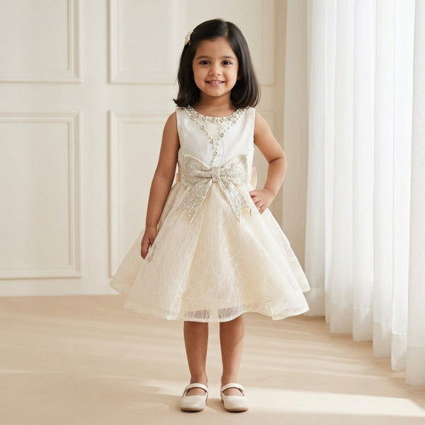 Champagne Knee Length Glitter Bow Princess Dress