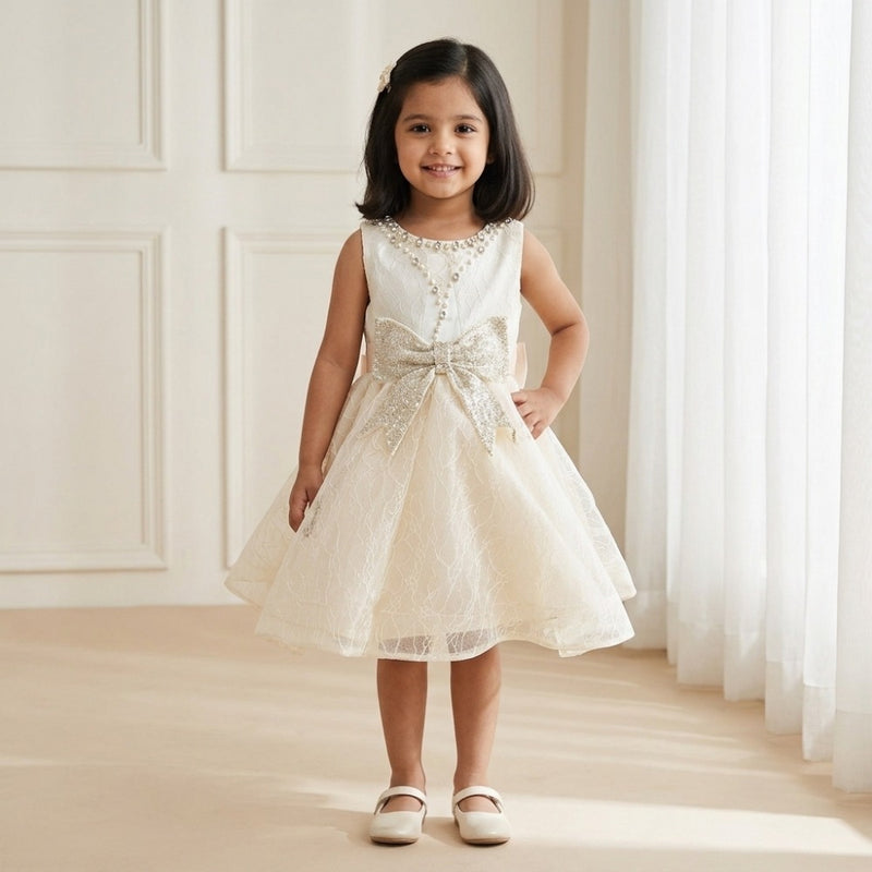 Champagne Knee Length Glitter Bow Princess Dress