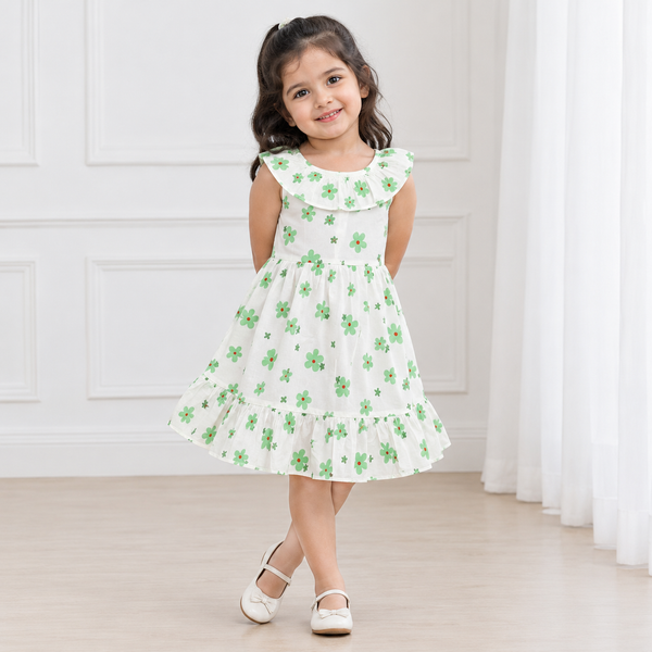 Green Bloom Ruffle Cotton Frock