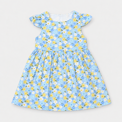 Sky Blue Floral Flutter-Sleeve Frock