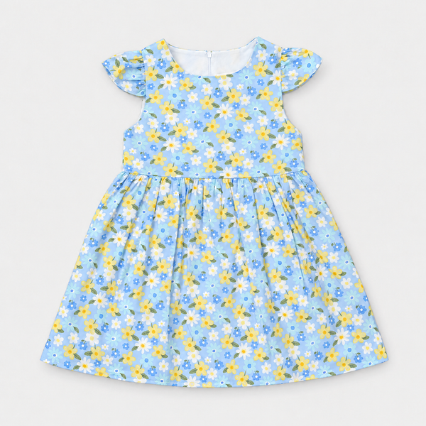 Sky Blue Floral Flutter-Sleeve Frock