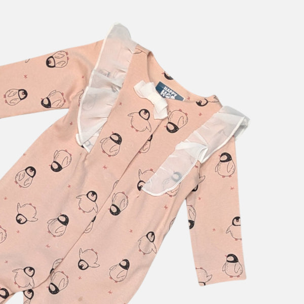 Peach Penguin Print Frill Rompers