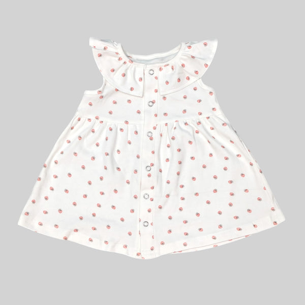 White Sleeveless Frock with Strawberry Print