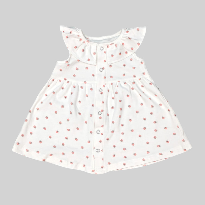 White Sleeveless Frock with Strawberry Print
