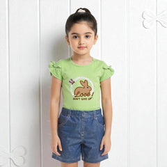 Girl Regular Fit Bunny Green Top