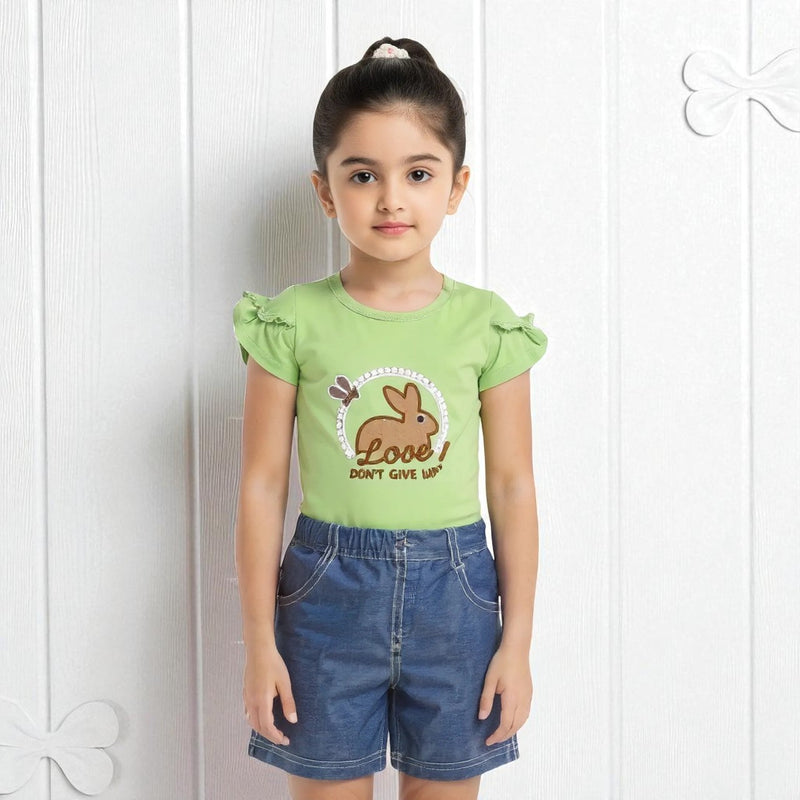Girl Regular Fit Bunny Green Top