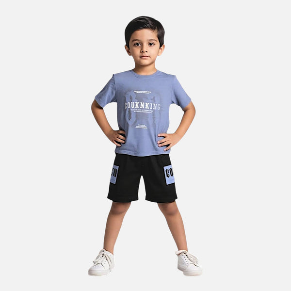 Blue Printed Polo T-shirt with Shorts Set