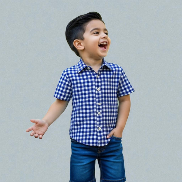 Blue Casual Checked Shirt Half Sleeves